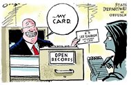 This illustration by Jack Ohman with The Sacramento Bee shows a lawyer confronting a reporter, created to address public records access issues. 