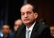 Then-Labor secretary-designate Alexander Acosta testifies on Capitol Hill at his March 22 confirmation hearing before the Senate Health, Education, Labor and Pensions Committee. Acosta, the son of Cuban immigrants and the only Latino in President Donald Trump’s Cabinet, is defending a White House spending plan that would cut the government’s workforce policing civil rights laws.