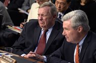 Senate Judiciary Committee member Sen. Richard J. Durbin, D-Ill., (left), sitting next to Sen. Sheldon Whitehouse, D-R.I., reacts as he listens to an answer from Supreme Court Justice nominee Neil Gorsuch, on Capitol Hill in Washington, D.C., today, during Gorsuch's confirmation hearing before the committee. 