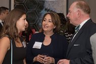 Women’s Bar Association of Illinois President Adria East Mossing (center) chats with Sydney Janzen, a law clerk at Edelson P.C. (left) and Illinois Supreme Court Justice Thomas L. Kilbride during the WBAI’s 2016 installation dinner on June 8 at the Hilton Chicago. Mossing, a partner at Mossing & Navarre LLC, aims to highlight the common interests and issues that female attorneys face during her year as president.